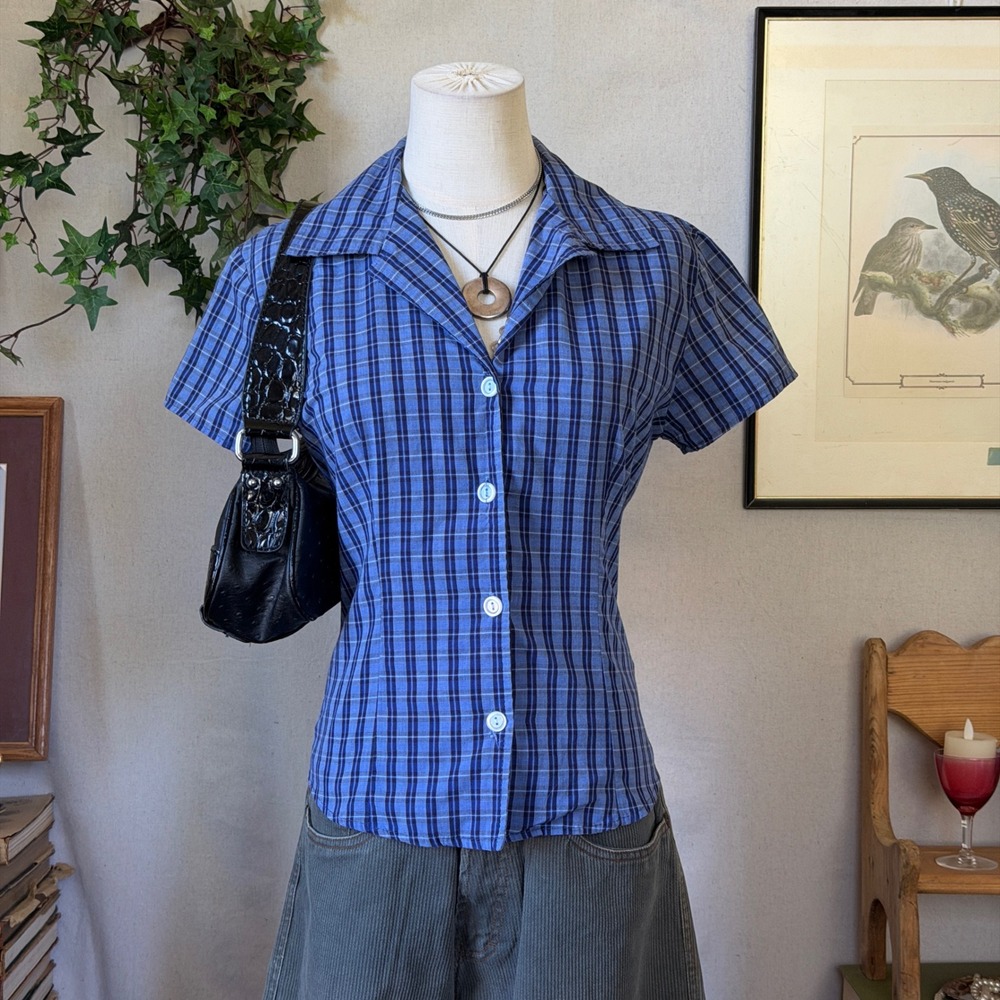Blue Plaid Button Up Shirt Fitted Y2K Vintage Small 90s Indie Girly Grunge